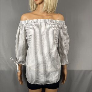 Per Se Womens Blouse Medium White Black Striped 3/4 Sleeve Off‎ Shoulder Tunic